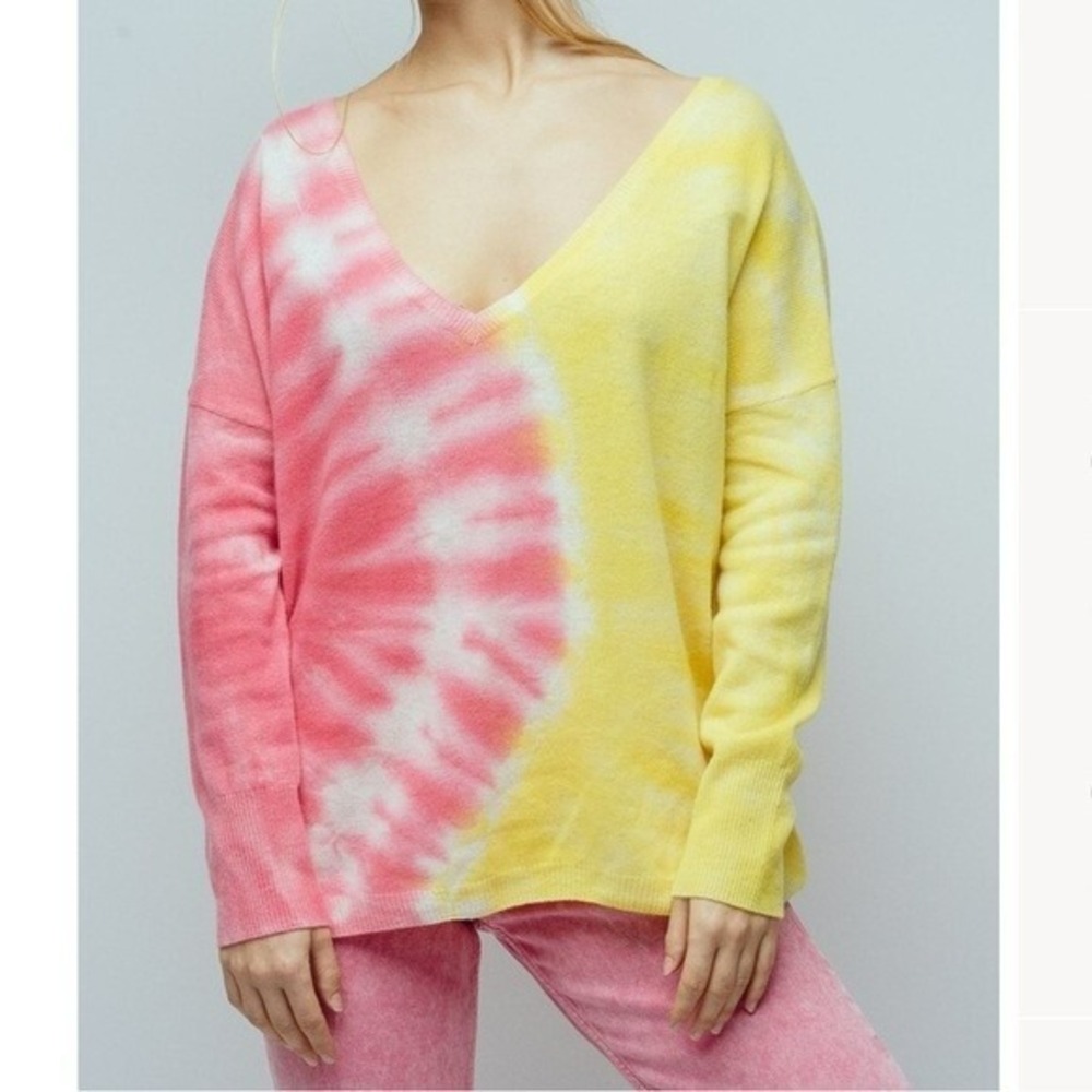 WOMEN CRUSH CASHMERE SWEATER PULLOVER JUMPER TIE DYE PINK YELLOW V NECK 2 MEDIUM